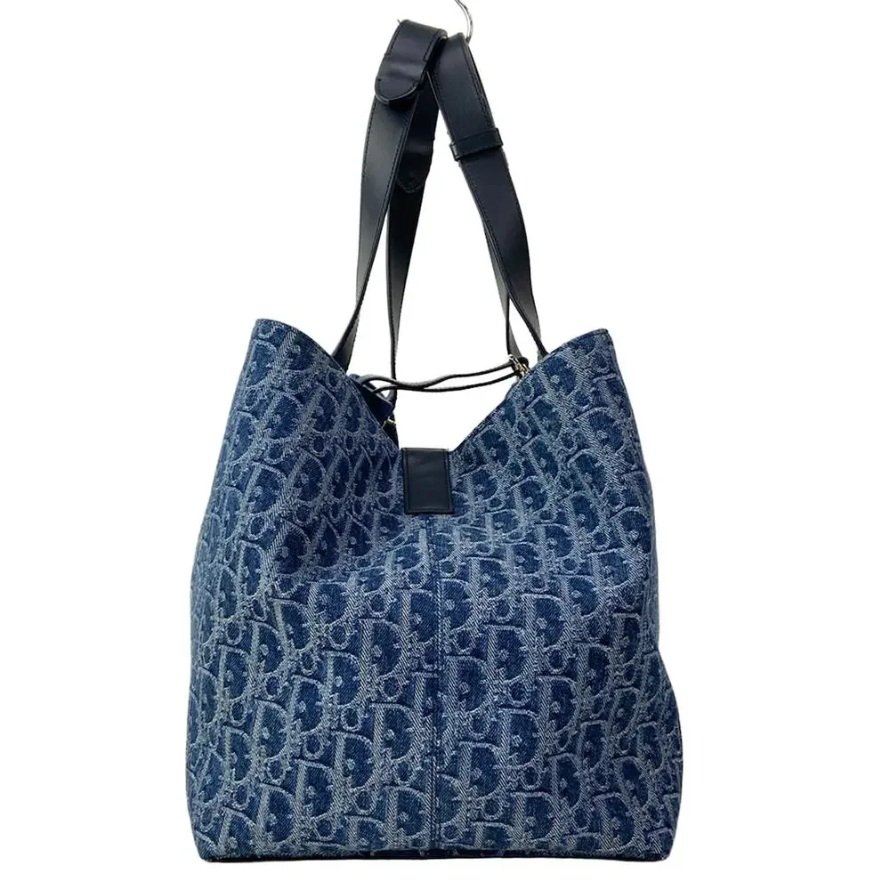 Christian Dior Toujours Bag Large Tote Bag Blue Dark Navy Jacquard Leather
